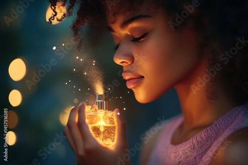 woman perfume dreamy sparkles woman holding perfume bottle spraying near neck, dreamy sparkles around