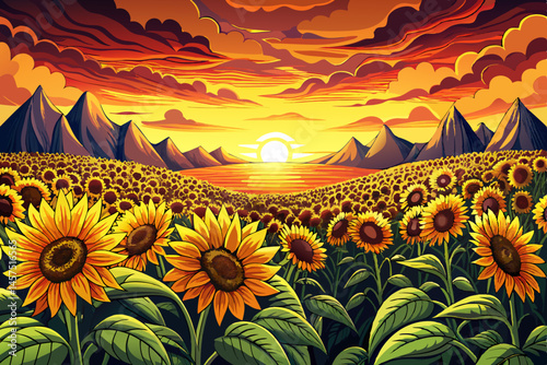 summer landscape with golden sunset light casting a warm glow over a vibrant sunflower field in full bloom. Ideal for seasonal nature themes, countryside beauty, floral backgrounds, and agricultural 