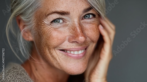 Beautiful older woman with flawless skin, looking at the camera with a bright smile, showcasing her love for skincare and natural beauty