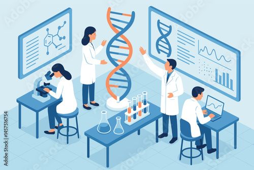Vector illustration in isometric style of science lab with researchers, microscopes, DNA models, and scientific data analysis