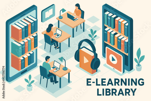 Vector illustration in isometric style of library and e-learning platform with digital bookshelves, study desks, and audiobook stations