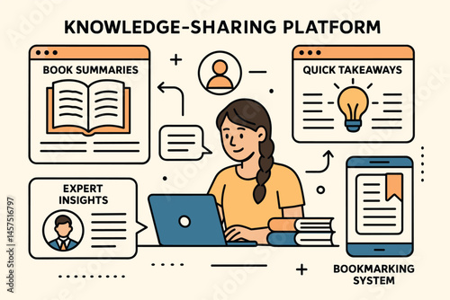 Vector illustration of knowledge-sharing platform with book summaries, quick takeaways, expert insights, and bookmarking system