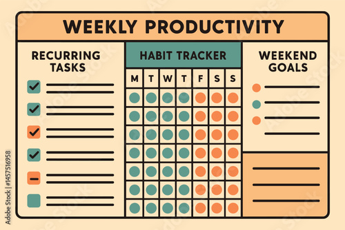 Illustration in vector style of a weekly productivity board with recurring tasks, habit tracking dots, and weekend goals