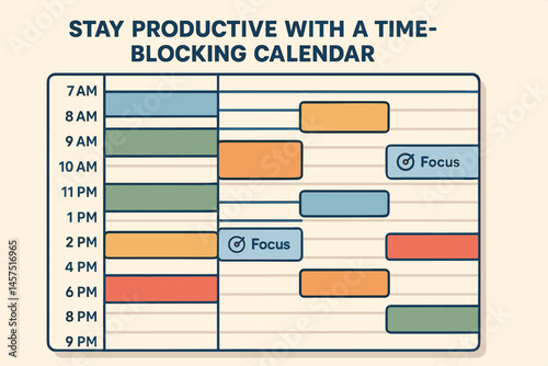 Stay productive with a time-blocking calendar — Vector illustration of hourly planner, colored task blocks, and focus session indicators