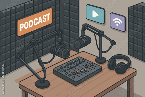 Vector illustration in isometric style of podcast studio setup with microphones, soundproof walls, mixers, and streaming platforms