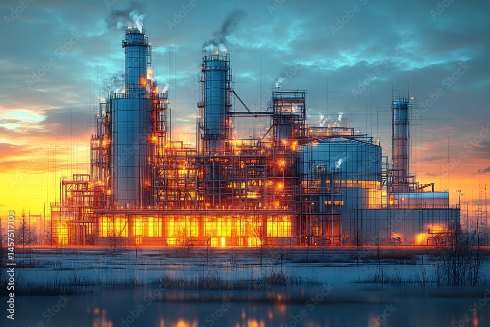 Fototapeta premium Sunsetlit industrial highrise architecture illustration featuring passivehouse schematic warm glow