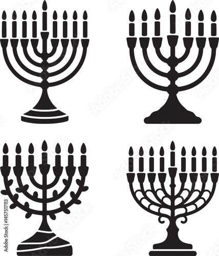 Vintage menorah with candles silhouette set vector illustration isolated On Transparent Background