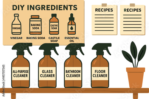 Vector illustration of refillable home cleaning station with labeled glass bottles, DIY ingredient chart, and recipe cards