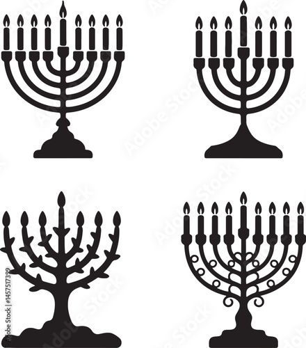 Vintage menorah with candles silhouette set vector illustration isolated On Transparent Background