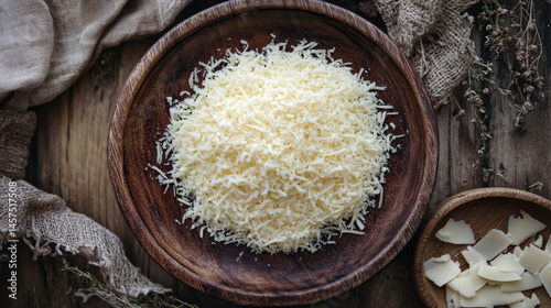 Wooden plate topped with shredded cheese, styled for a food menu top-view presentation photo