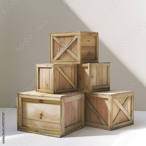 Stacked wooden crates in a minimalist setting with soft shadows and neutral background