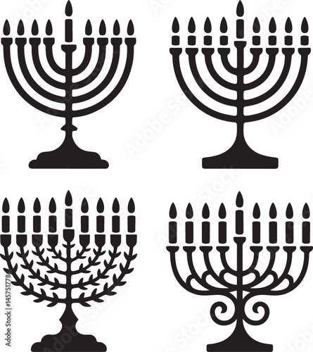 Vintage menorah with candles silhouette set vector illustration isolated On Transparent Background