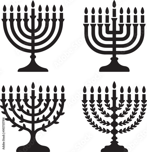 Vintage menorah with candles silhouette set vector illustration isolated On Transparent Background