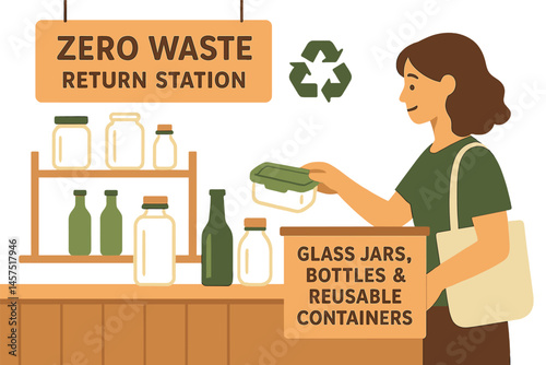 Vector illustration of zero waste grocery store return station for glass jars, bottles, and reusable containers