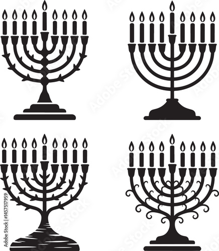 Vintage menorah with candles silhouette set vector illustration isolated On Transparent Background