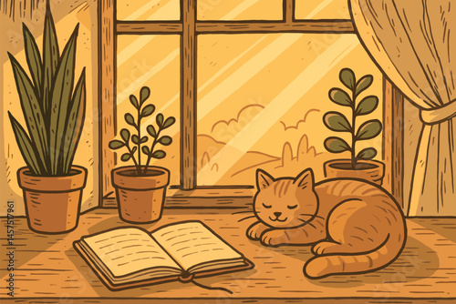 Vector illustration in hand-drawn style of morning sunlight through window with plant pots, cozy cat, and open notebook
