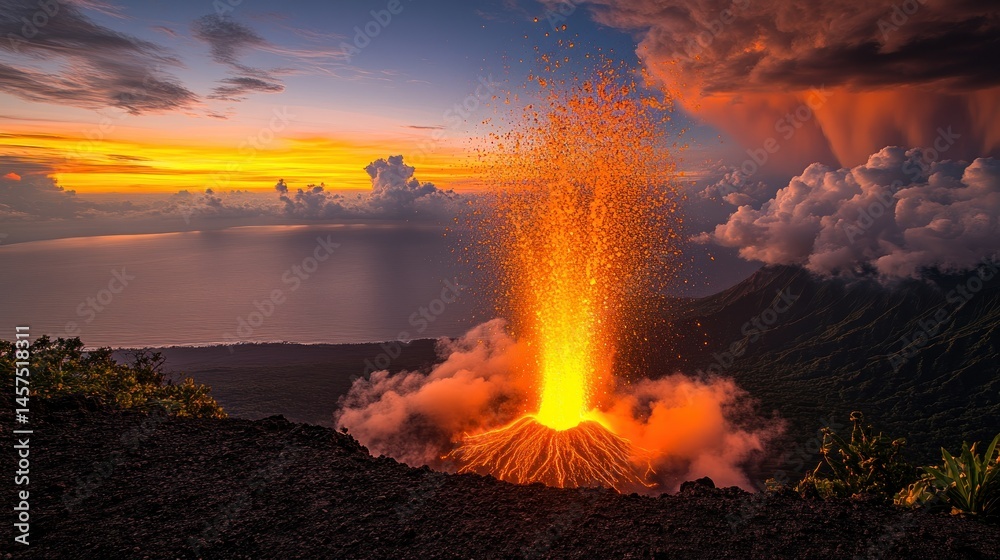 Fototapeta premium Volcanic eruption at sunset over ocean