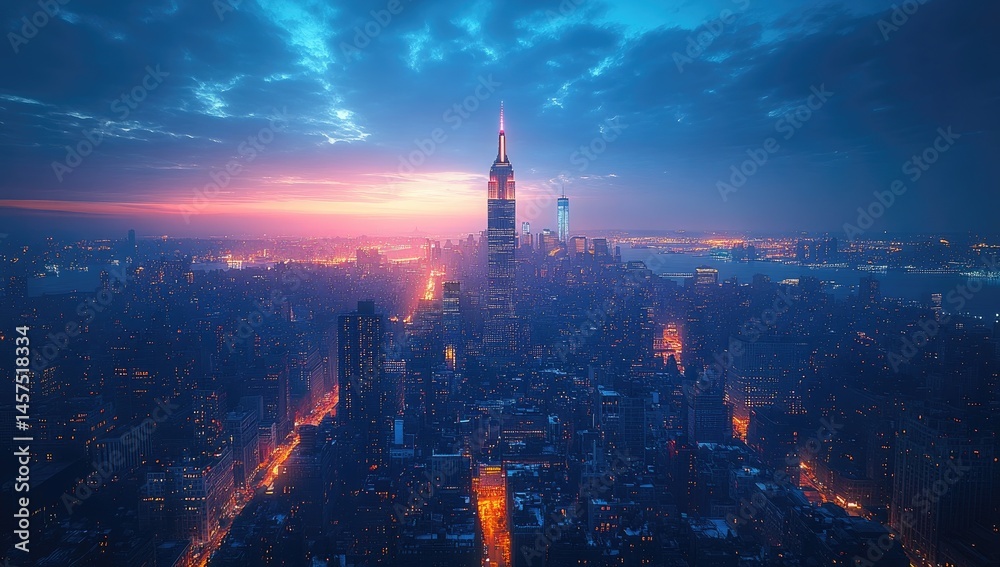 Fototapeta premium Manhattan sunset cityscape, aerial view, twilight glow