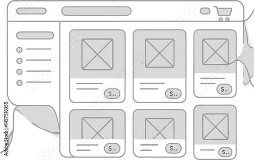 Vector illustration of e-commerce UI wireframe showing product grid, filter sidebar, cart icon, and price tags with smooth transitions