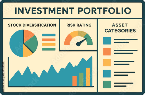 Vector illustration of investment portfolio management interface showing stock diversification, risk rating, historical chart, and asset categories