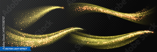 Light effect trails, golden glitter glow waves and sparkling flare tails. Abstract vector fire light with flash sparkles effect on transpaarent background