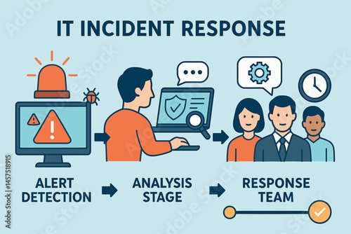 Vector illustration of IT incident response workflow showing alert detection, analysis stage, response team, and resolution timeline