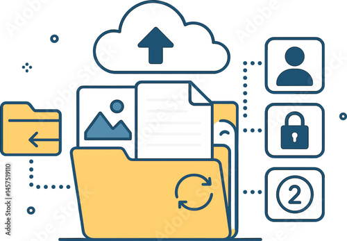 Vector illustration of file sharing and cloud storage service with folder structure, access control icons, and file version history