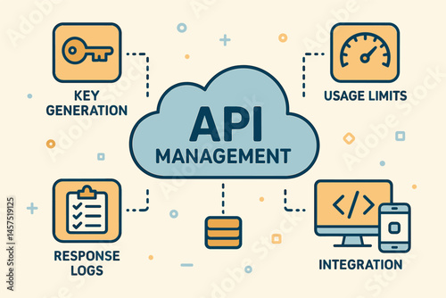 Vector illustration of API management service with key generation, usage limits, response logs, and integration examples