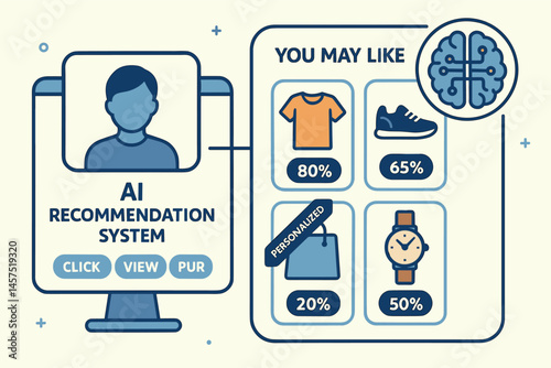 Vector illustration of AI recommendation system in e-commerce with personalized product suggestions, user behavior tags, and confidence scores