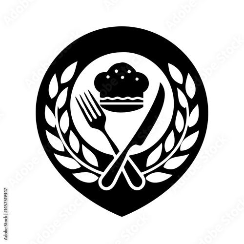 Elegant Restaurant Logo Featuring Chef Hat, Fork, Knife and Laurel Wreath