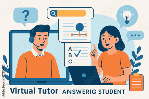 Vector illustration of virtual tutor answering student questions with search results, context explanation, and instant quizzes