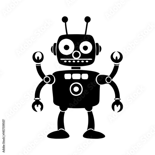 Whimsical black and white retro robot with antenna and claw hands