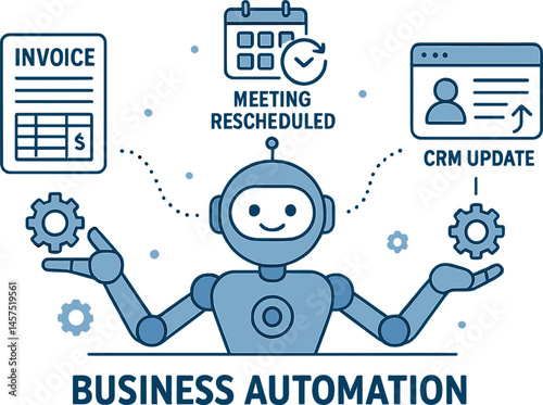 Vector illustration of business automation assistant managing tasks: invoice generation, meeting rescheduling, and CRM updates