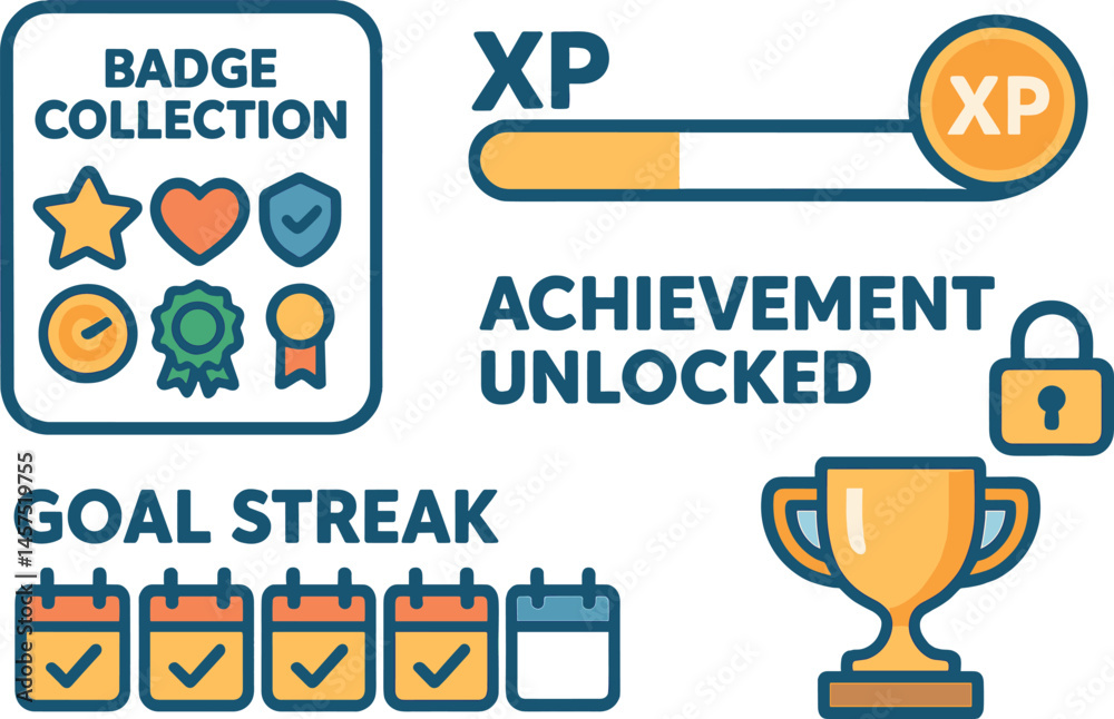 Vector illustration of in-app gamification elements like badge collection, XP bar, goal streaks, and unlockable achievements