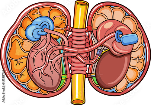 how peritoneal dialysis works, including placement of catheter, dialysate inflow, and drainage from the peritoneal cavity diagram hand drawn schematic vector illustration