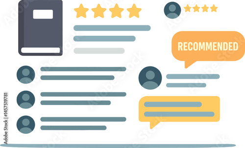 Vector illustration of book review platform with star ratings, user comments, highlight snippets, and recommendation tags