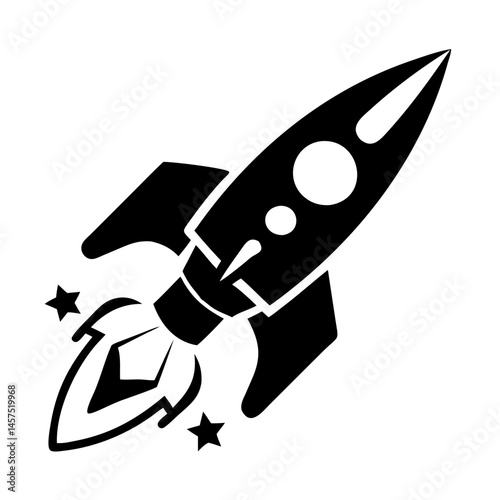 Black silhouette illustration of a rocket blasting off with stars trailing behind