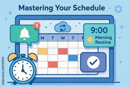 Mastering your schedule — Vector illustration of digital calendar with event reminders, sync notifications, and morning routine highlights
