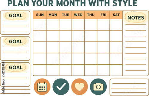 Plan your month with style — Vector illustration of monthly overview, goal sections, event icons, and notes margin