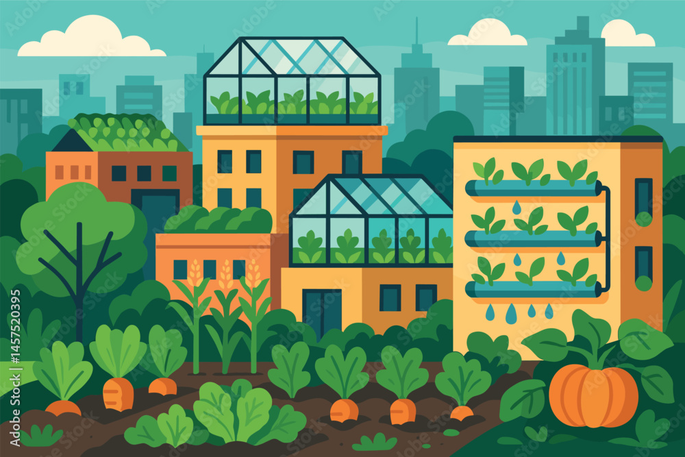 Vector illustration of urban farming in cityscape with rooftop greenhouses, aquaponic walls, and edible landscaping Vector illustration of urban farming in cityscape with rooftop greenhouses, aquaponic walls, and edible landscaping