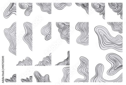 Modern Black and Off White Abstract Curve Element Corner Border Set, Hand Drawn Wave Decoration. Wavy Graphic Isolated Design Elements, Vector Illustration for Presentations Backgrounds