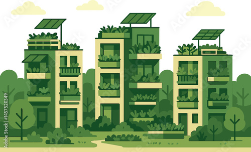Compact and green — Vector illustration of micro-apartment buildings with shared gardens, solar shading, and urban farming modules