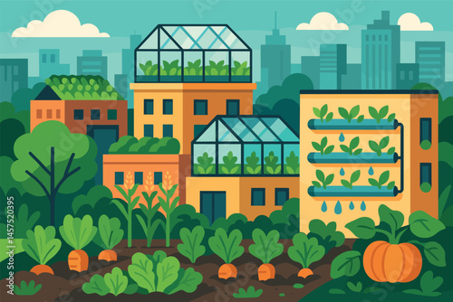 Vector illustration of urban farming in cityscape with rooftop greenhouses, aquaponic walls, and edible landscaping