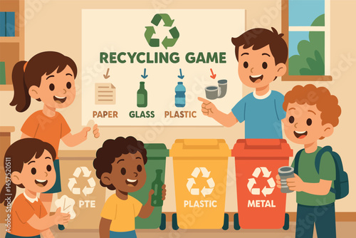 Illustration in vector format of children learning to separate waste at school with colorful bins and recycling game poster