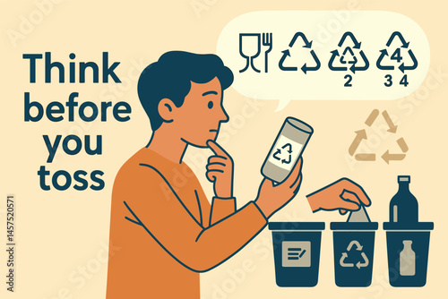 Think before you toss — Vector illustration of person checking packaging symbols, recycling number codes, and separating materials