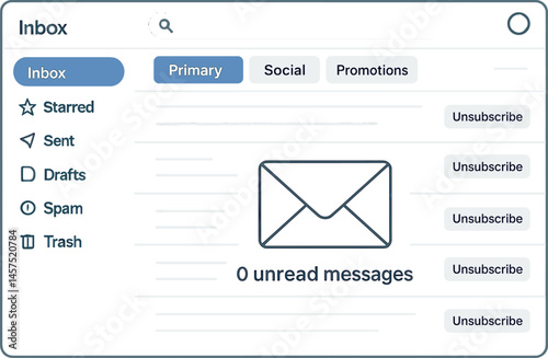 Vector illustration of clean email inbox with 0 unread messages, filtered folders, and unsubscribe buttons
