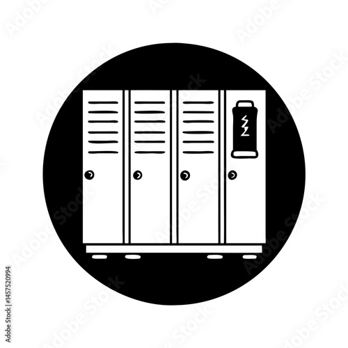 Monochrome illustration of lockers with a power symbol on the last locker