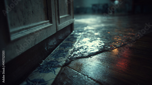 Water seeping between tiles and wooden flooring in dimly lit interior