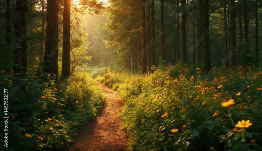 Obraz premium A peaceful hiking trail winds through a sun-drenched summer forest with golden light filtering through a leafy canopy, blooming wildflowers and a tranquil, people-free atmosphere