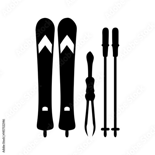 Silhouette illustration of ski equipment including skis, poles and a ski boot clip